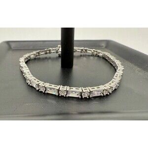 Designer FZN Sterling Silver 925 Tennis Bracelet Emerald Cut Cubic Zirconia